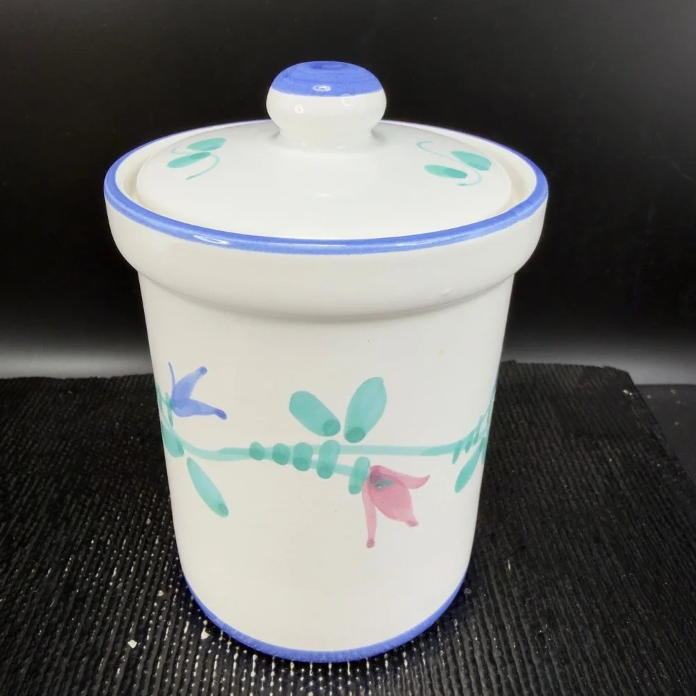 Italian Pottery‎ Floral Painted Ceramic Canister with Lid Kitchen Jar Container